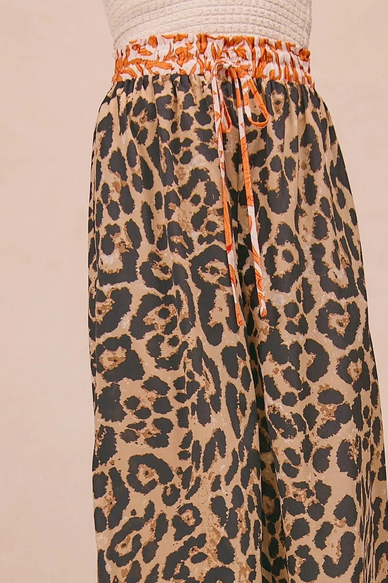 BiBi Leopard Print Wide Leg Pants – Contrast Banded High Waist Trousers