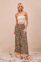 BiBi Leopard Print Wide Leg Pants – Contrast Banded High Waist Trousers