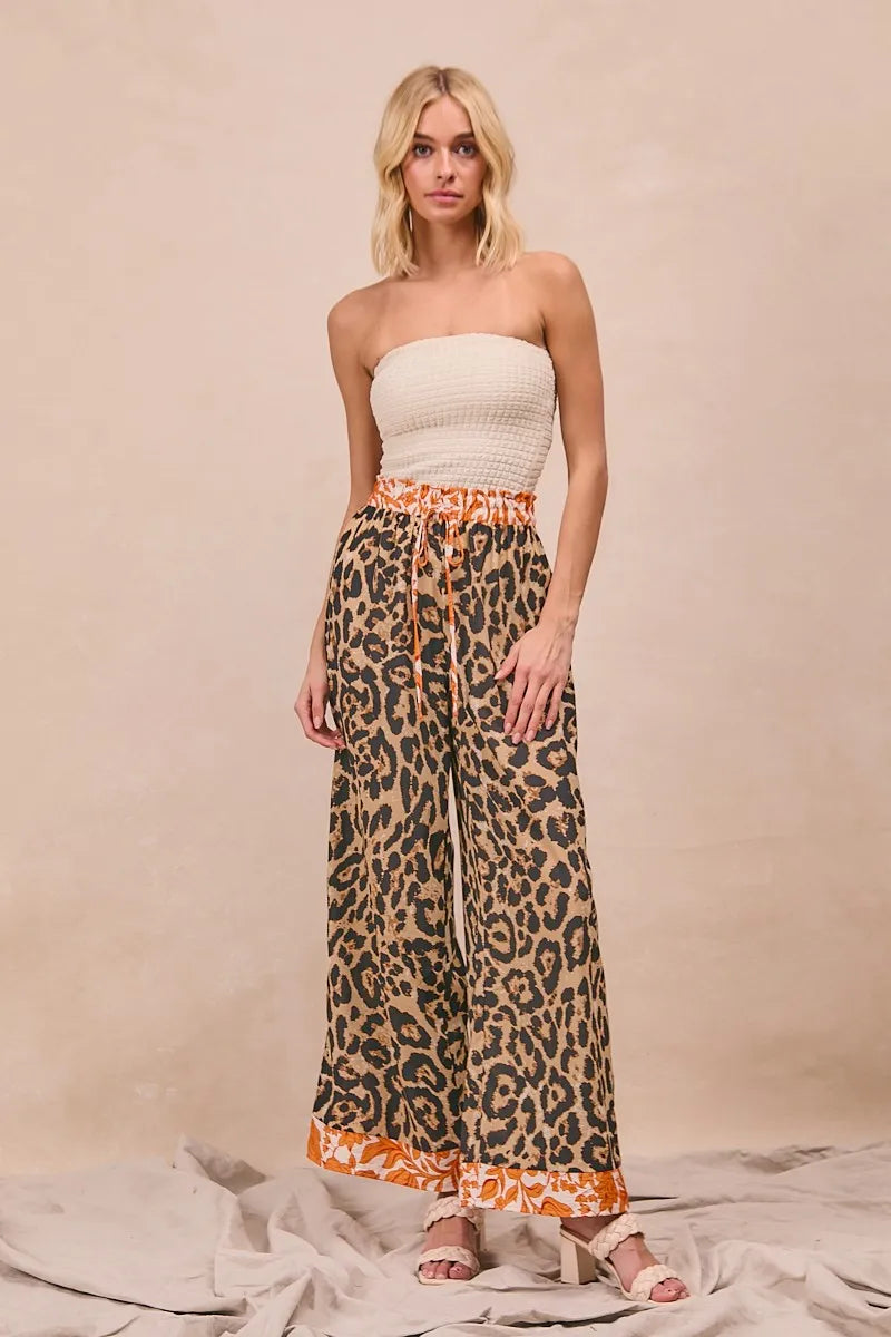BiBi Leopard Print Wide Leg Pants – Contrast Banded High Waist Trousers