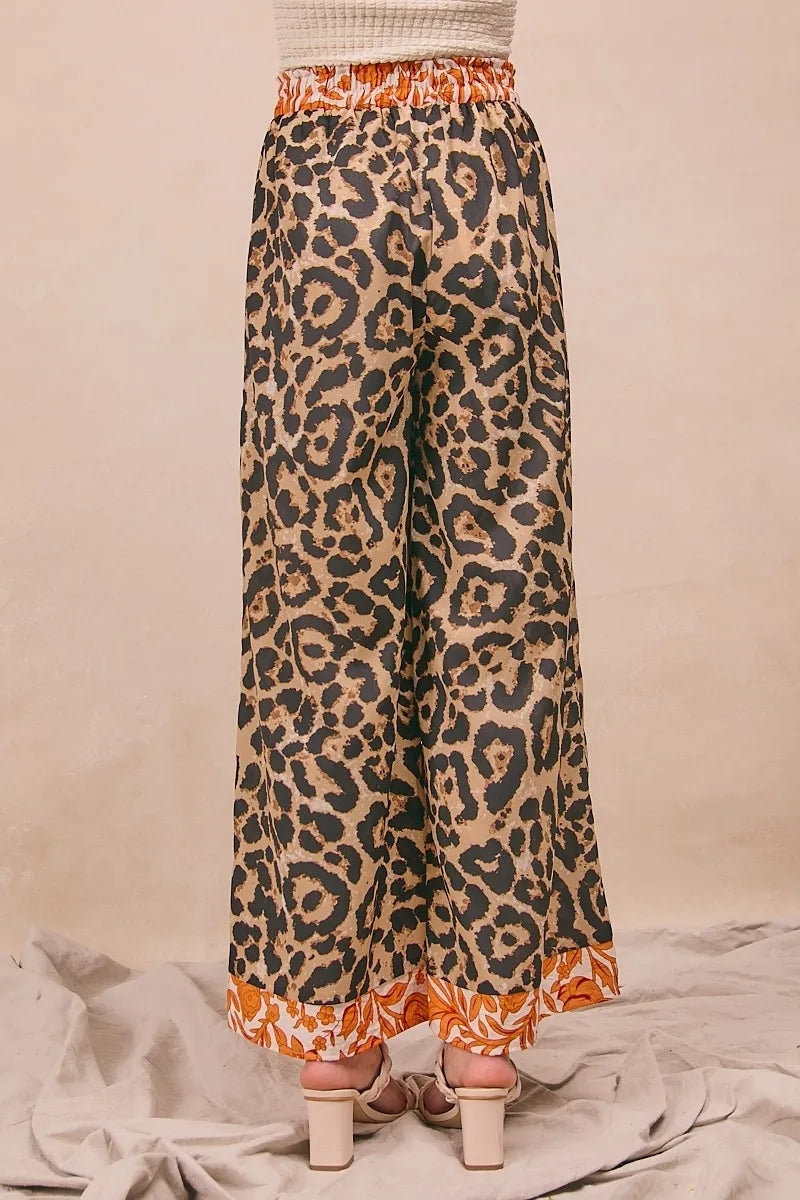 BiBi Leopard Print Wide Leg Pants – Contrast Banded High Waist Trousers