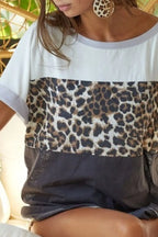 BiBi Leopard Printed Jersey Color Block Roll Up Top