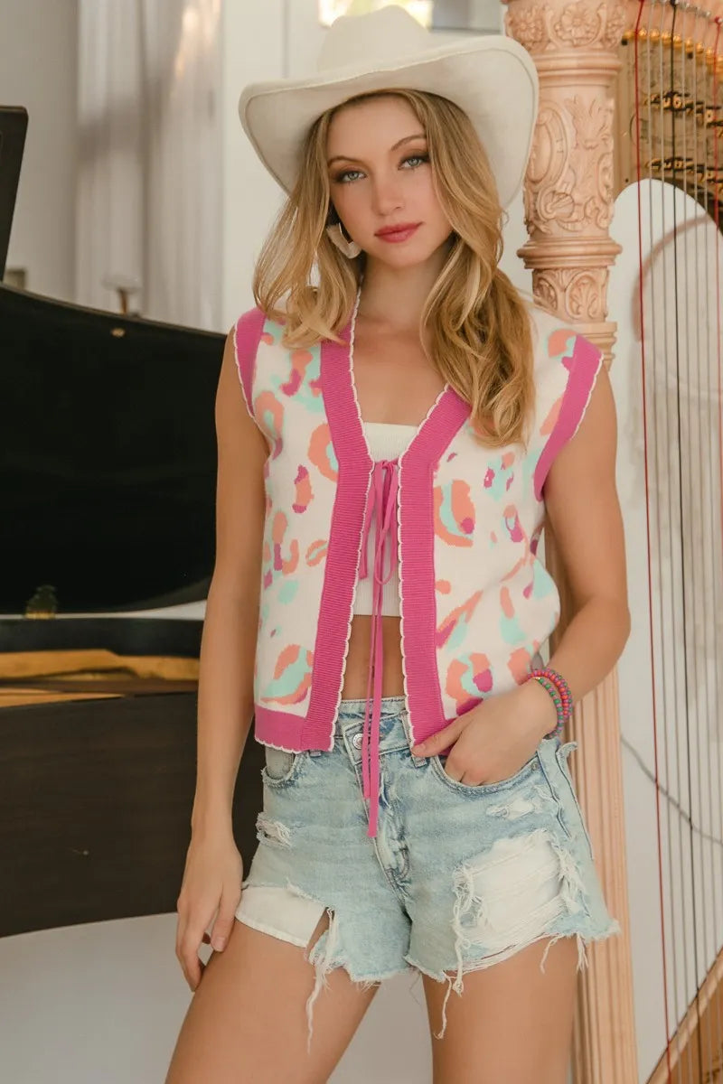 BiBi Leopard Sweater Vest Front Tie Scallop Trim Trendy Layering