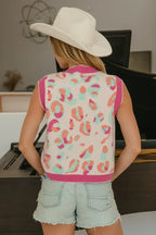 BiBi Leopard Sweater Vest Front Tie Scallop Trim Trendy Layering