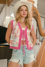 BiBi Leopard Sweater Vest Front Tie Scallop Trim Trendy Layering