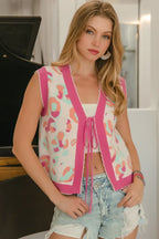 BiBi Leopard Sweater Vest Front Tie Scallop Trim Trendy Layering