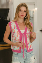 BiBi Leopard Sweater Vest Front Tie Scallop Trim Trendy Layering