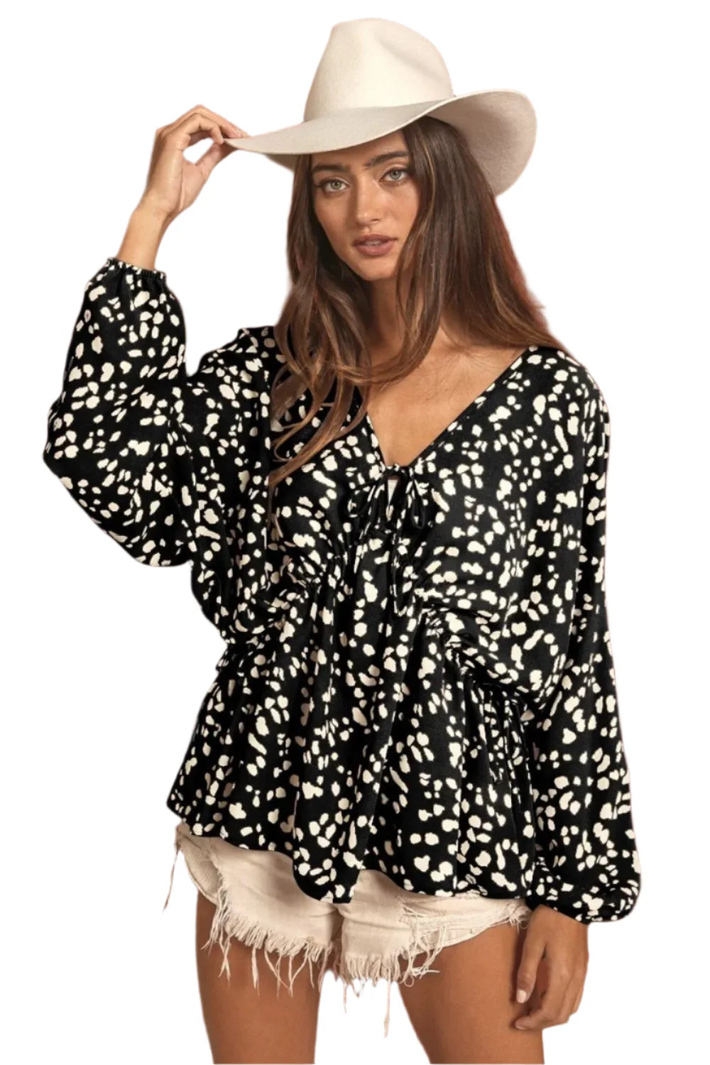 BiBi Leopard Woven Tied Spaghetti V Neck Lslv Top