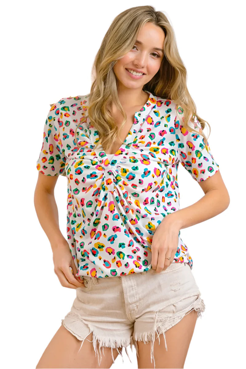 BiBi Multi Color Leopard Jersey Shirred V Neck Top