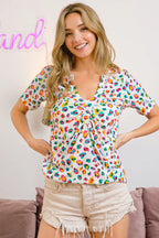 BiBi Multi Color Leopard Jersey Shirred V Neck Top