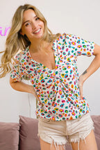 BiBi Multi Color Leopard Jersey Shirred V Neck Top