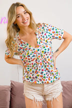 BiBi Multi Color Leopard Jersey Shirred V Neck Top