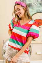 BiBi Multi Stripe Color Print Puff Sleeves V Neck Top