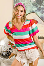 BiBi Multi Stripe Color Print Puff Sleeves V Neck Top