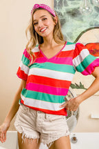 BiBi Multi Stripe Color Print Puff Sleeves V Neck Top