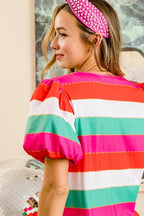 BiBi Multi Stripe Color Print Puff Sleeves V Neck Top