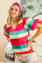 BiBi Multi Stripe Color Print Puff Sleeves V Neck Top