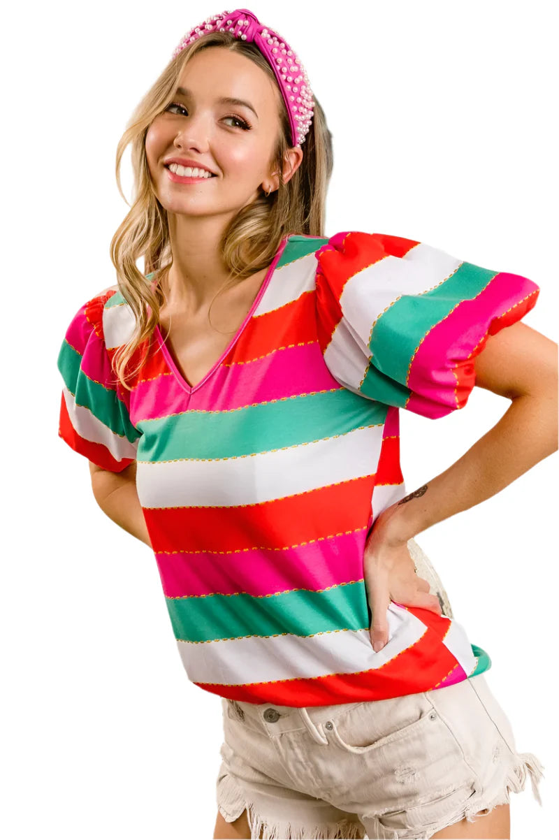 BiBi Multi Stripe Color Print Puff Sleeves V Neck Top