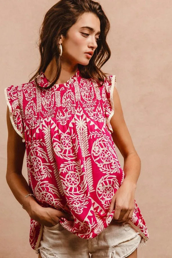 BiBi Printed Ruffle Sleeve Top Flowy Feminine Everyday Chic