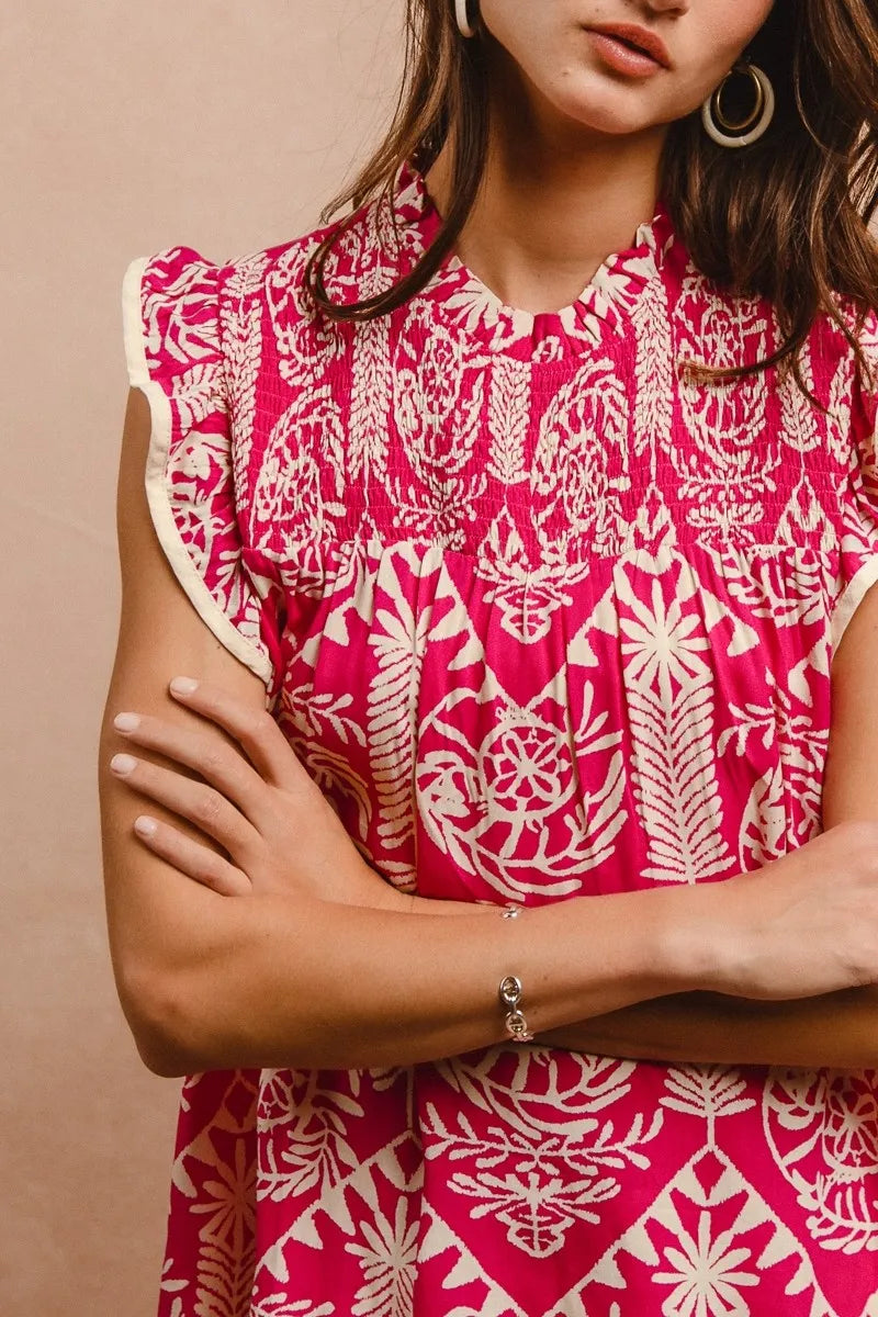 BiBi Printed Ruffle Sleeve Top Flowy Feminine Everyday Chic