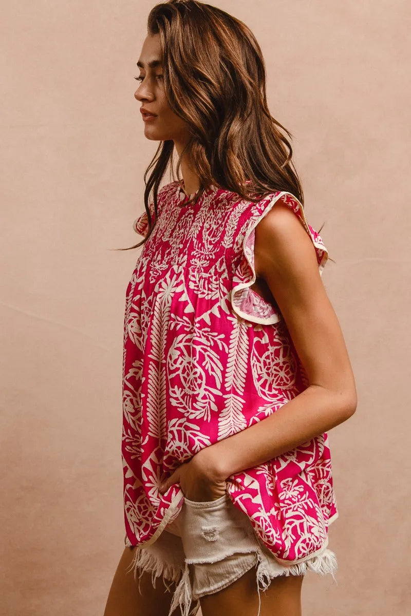 BiBi Printed Ruffle Sleeve Top Flowy Feminine Everyday Chic