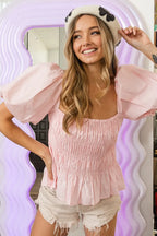 BiBi Puff Sleeve Square Neck Smocked Peplum Top