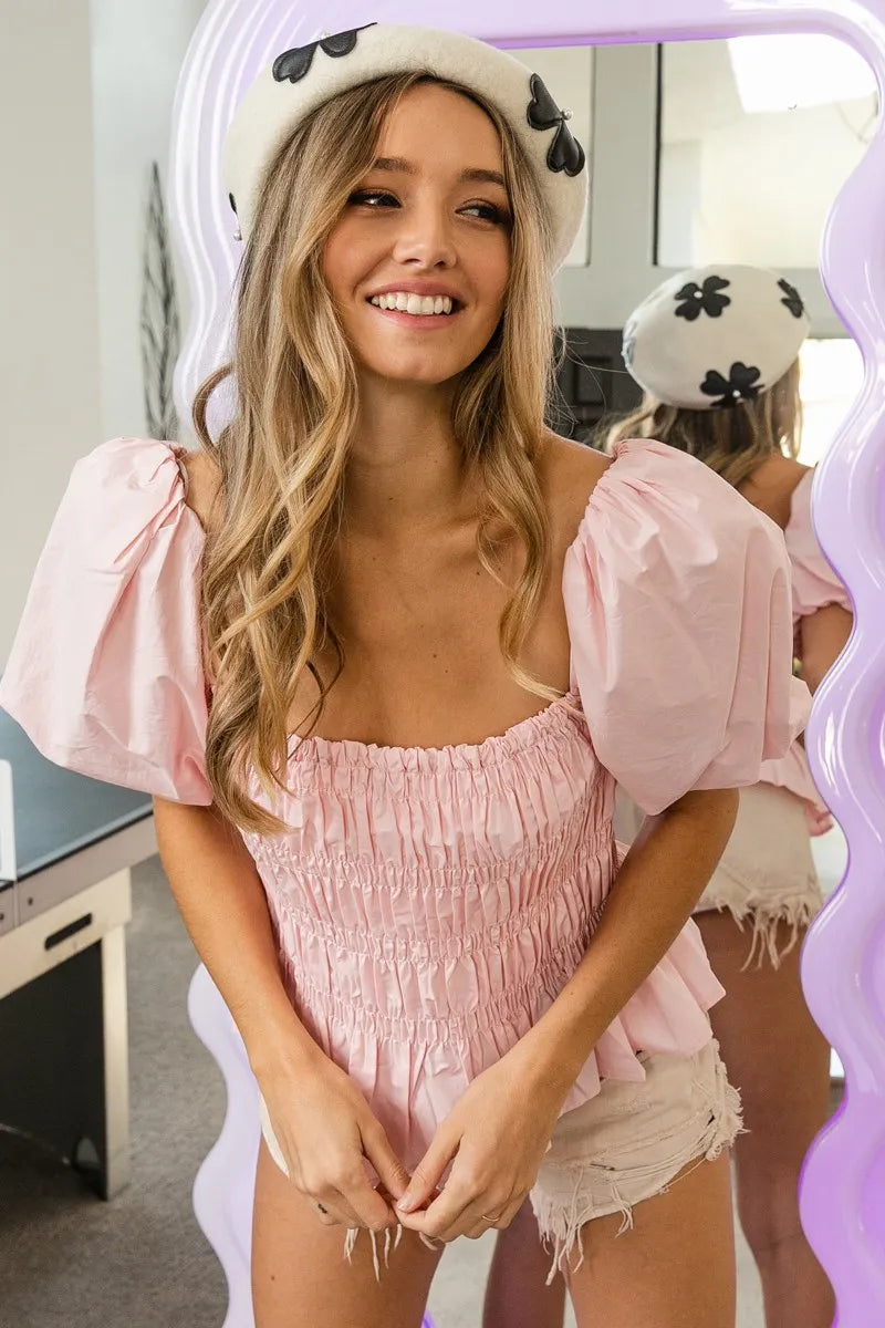 BiBi Puff Sleeve Square Neck Smocked Peplum Top