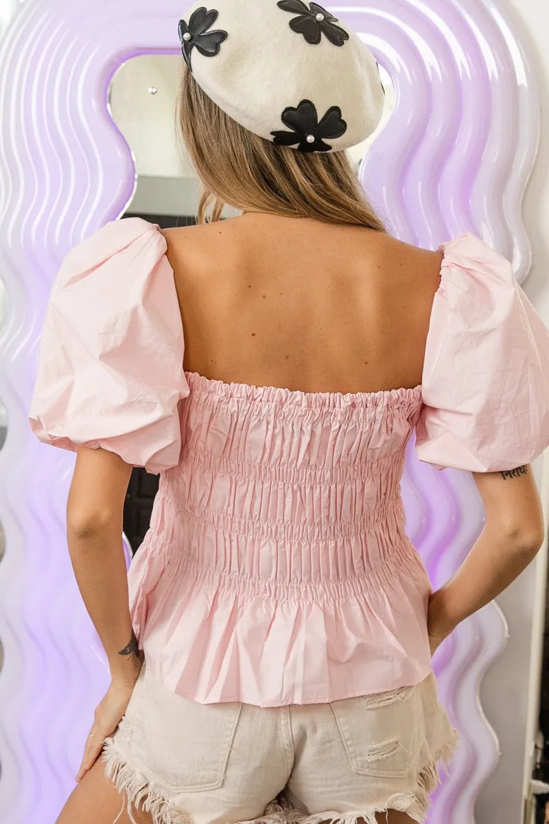 BiBi Puff Sleeve Square Neck Smocked Peplum Top