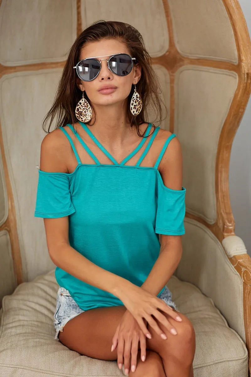 BiBi Rayon Span Jersey Lace Up Shoulder Detailed Top