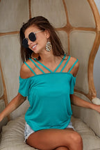 BiBi Rayon Span Jersey Lace Up Shoulder Detailed Top