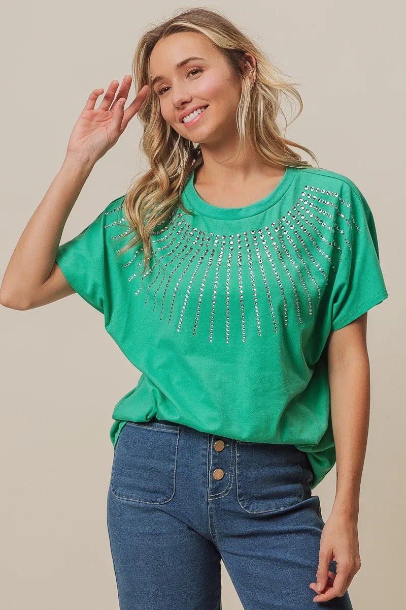 BiBi Rhinestone Beaded Short Sleeve Top