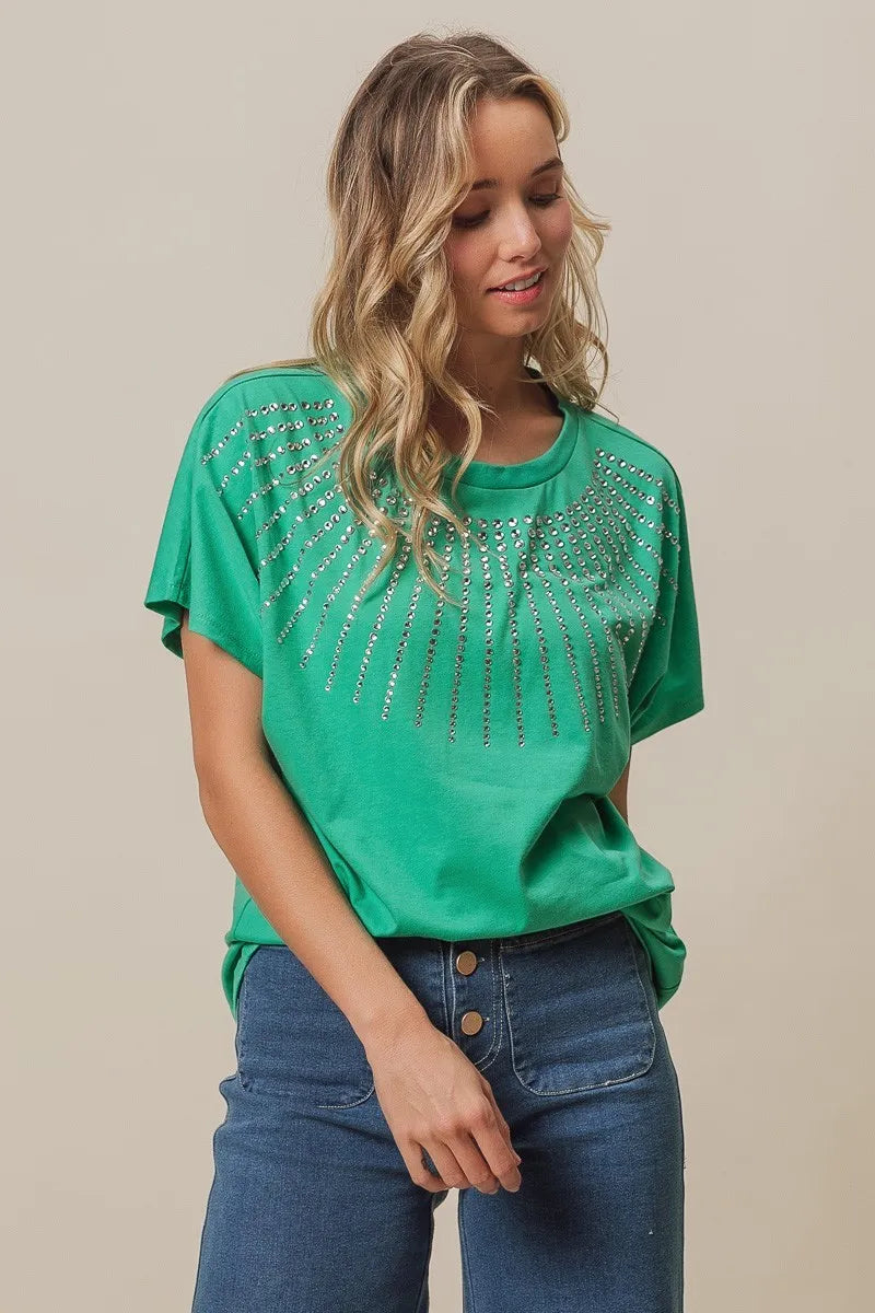 BiBi Rhinestone Beaded Short Sleeve Top