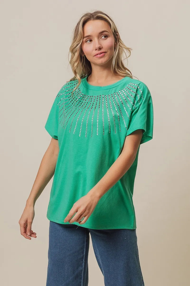 BiBi Rhinestone Beaded Short Sleeve Top