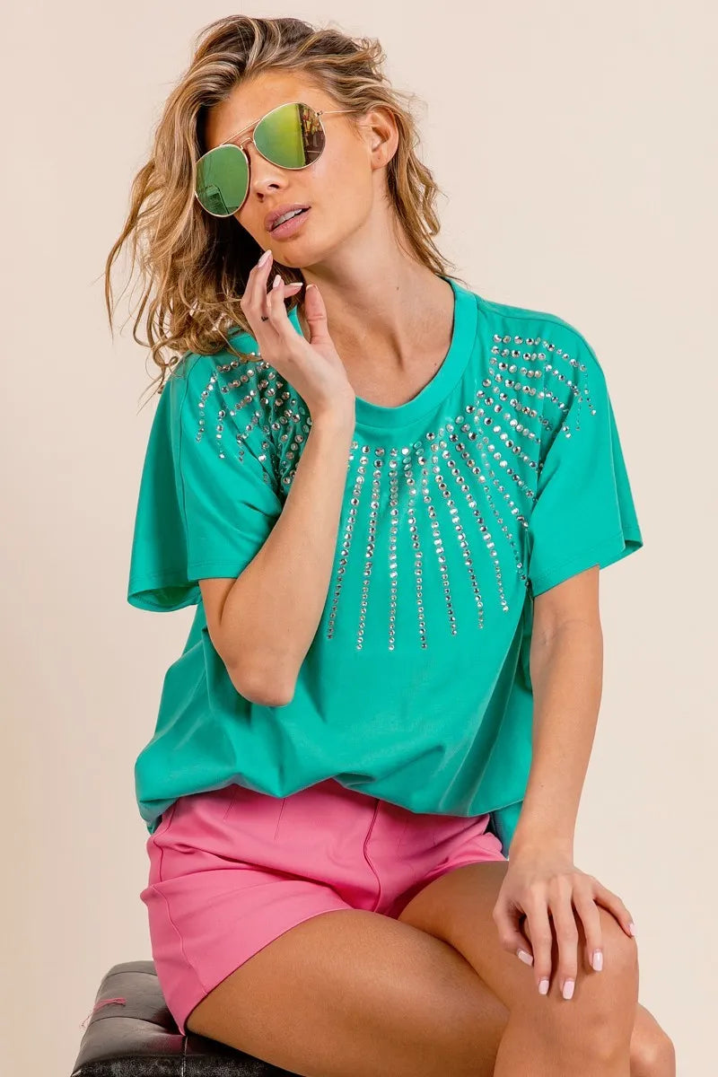 BiBi Rhinestone Beaded Short Sleeve Top