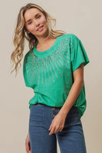 BiBi Rhinestone Beaded Short Sleeve Top