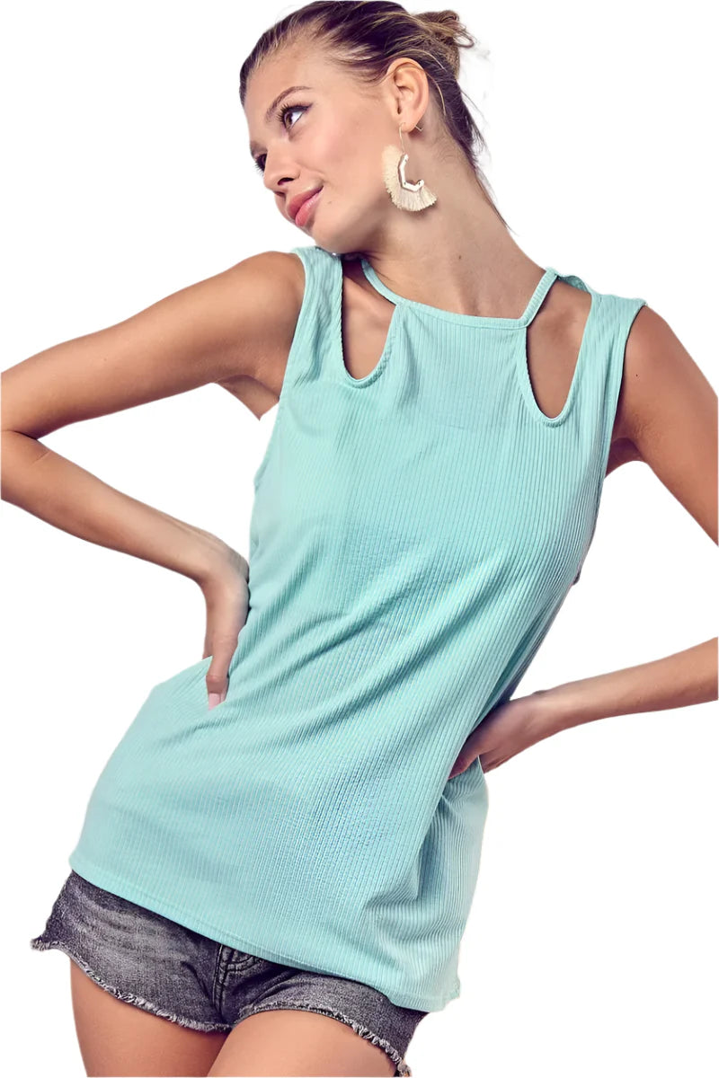 BiBi Rib Knit Shoulder Cut Out Detaied Top