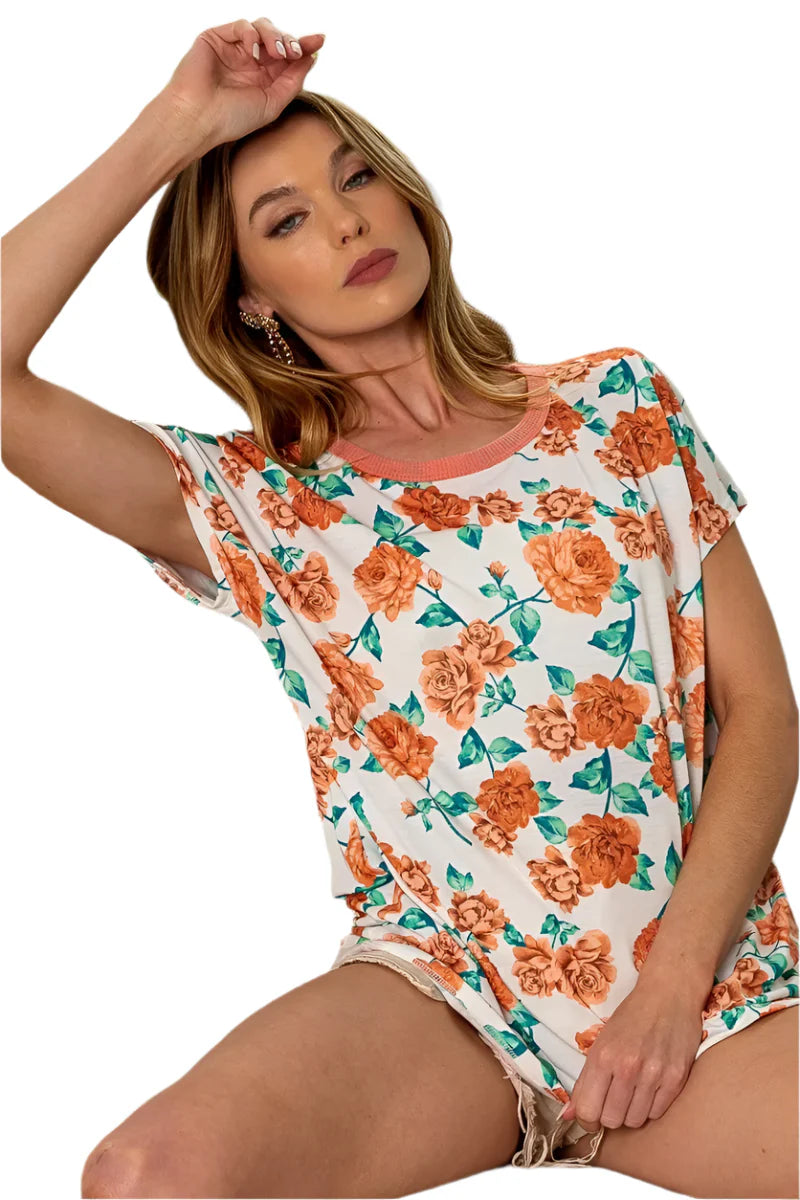 BiBi Rose Print Thermal Neck Binding Dolman Sleeves Top