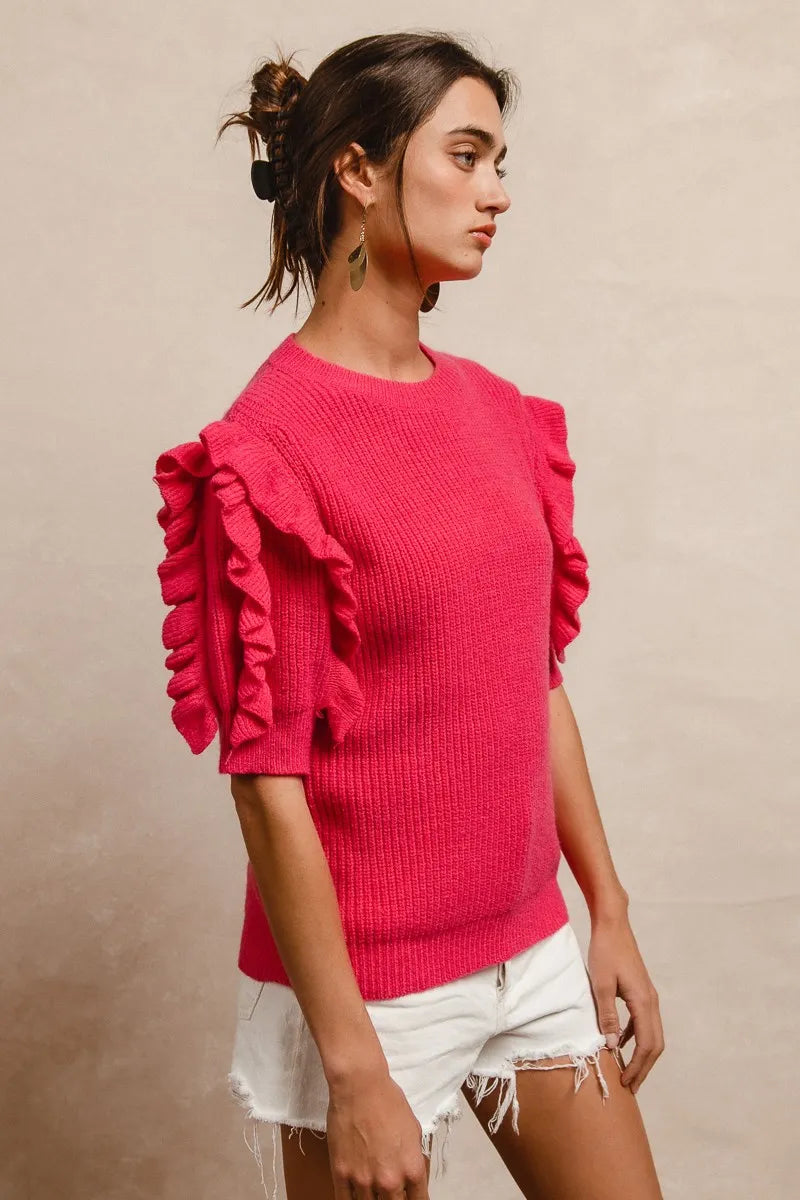 BiBi Ruffle Sleeve Ribbed Sweater