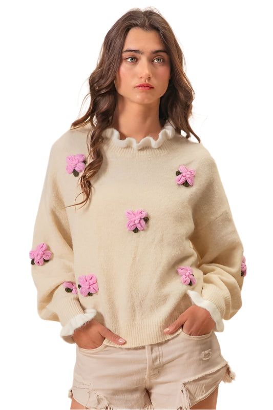 BiBi Ruffled Crochet Flower Dropped Shoulder Sweater