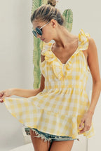 BiBi Ruffled Neckline Sleeveless Check Plaid Peplum Top