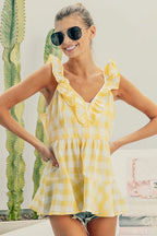 BiBi Ruffled Neckline Sleeveless Check Plaid Peplum Top