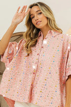 BiBi Sequin Striped Short Dolman Sleeve Blouse