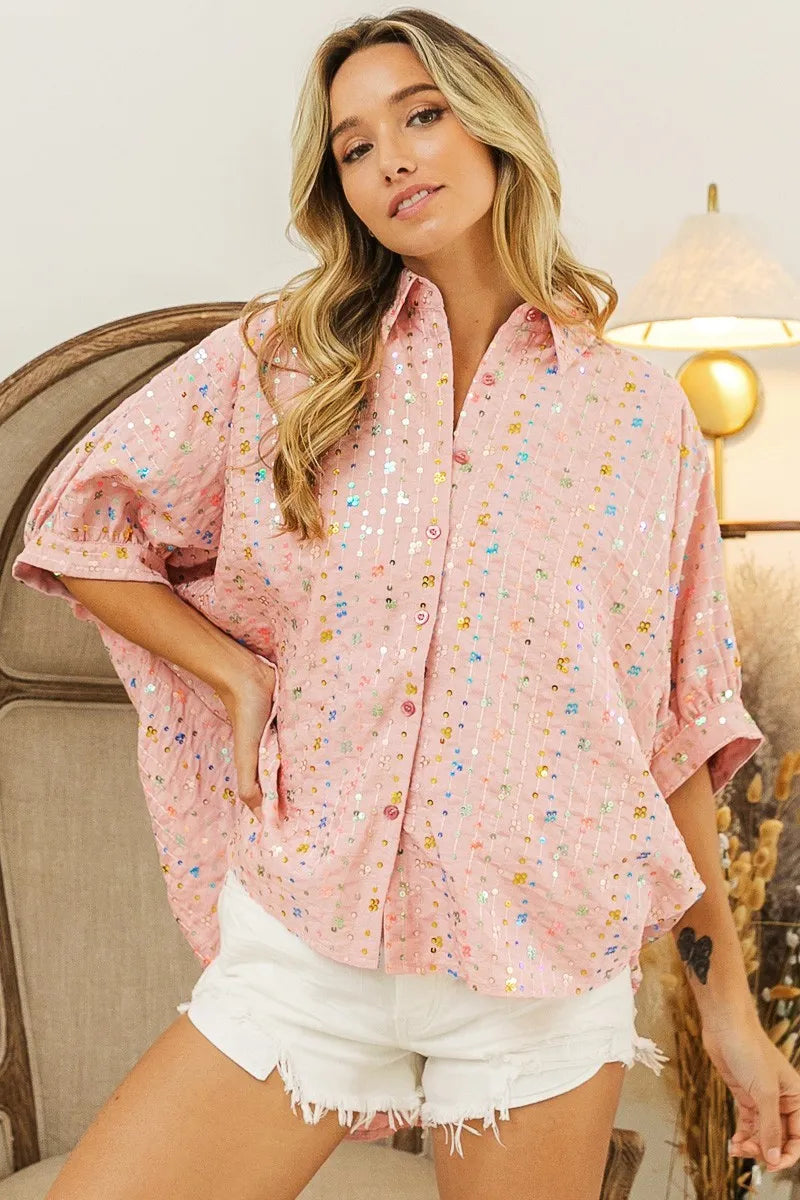 BiBi Sequin Striped Short Dolman Sleeve Blouse