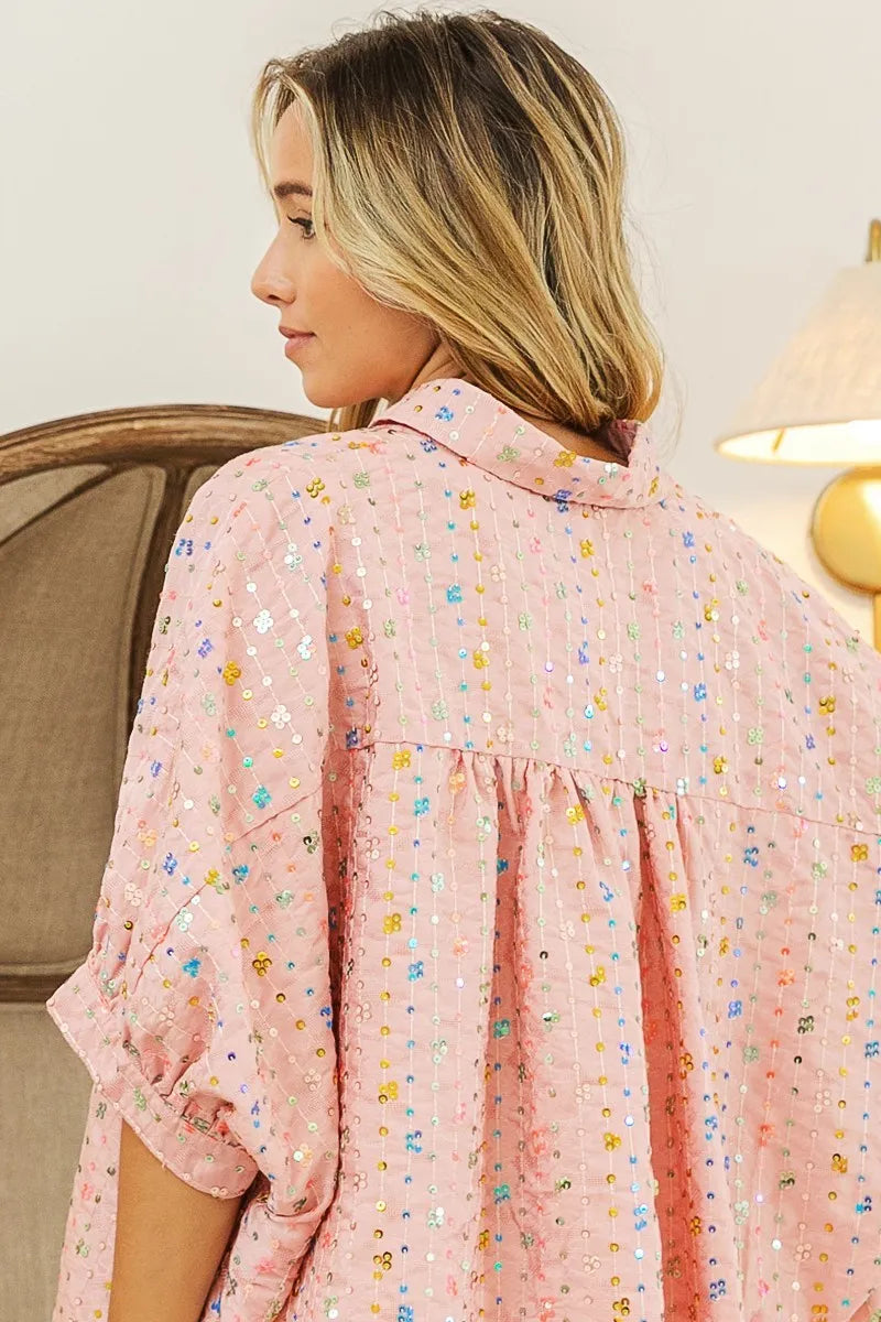 BiBi Sequin Striped Short Dolman Sleeve Blouse