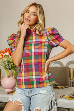BiBi Short Puff Sleeve Vintage Plaid Top – Cute & Casual Style