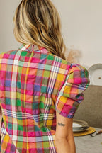 BiBi Short Puff Sleeve Vintage Plaid Top – Cute & Casual Style