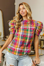 BiBi Short Puff Sleeve Vintage Plaid Top – Cute & Casual Style