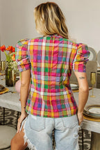 BiBi Short Puff Sleeve Vintage Plaid Top – Cute & Casual Style