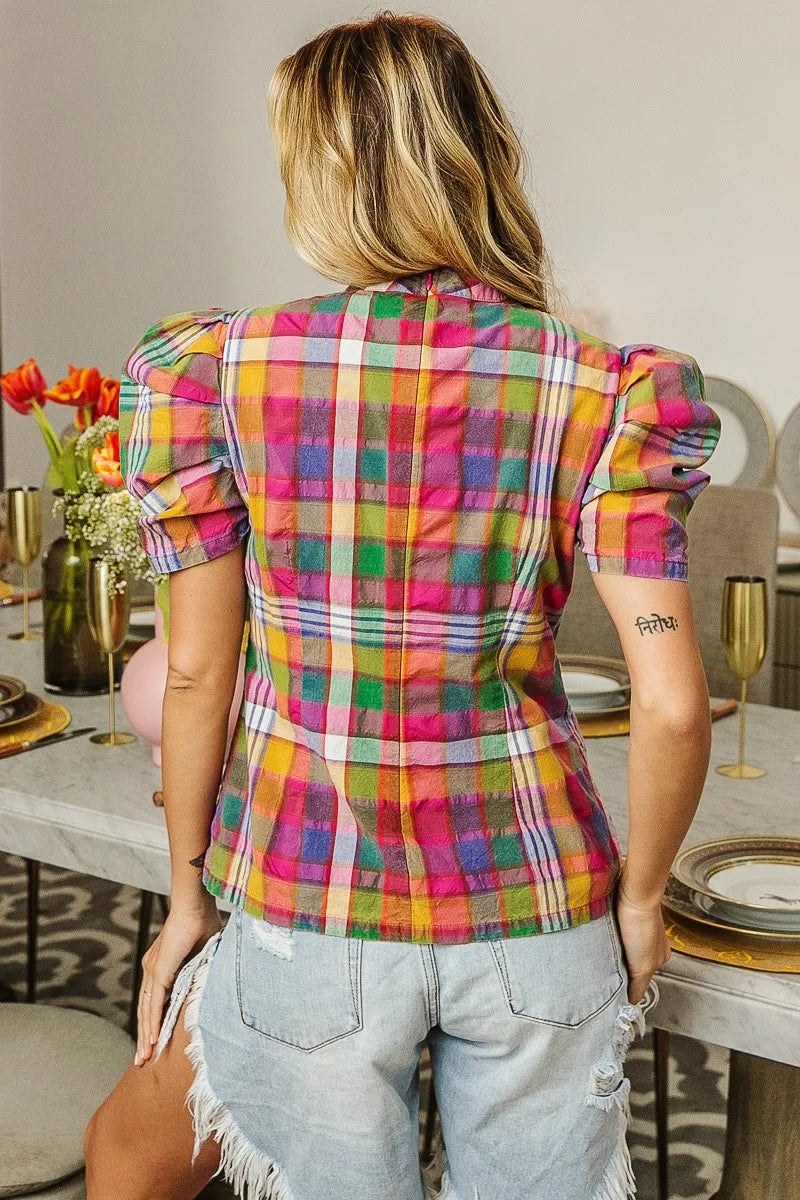 BiBi Short Puff Sleeve Vintage Plaid Top – Cute & Casual Style