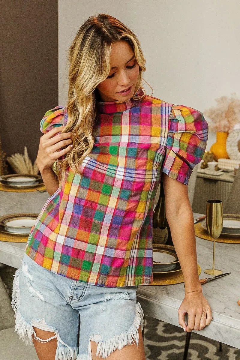 BiBi Short Puff Sleeve Vintage Plaid Top – Cute & Casual Style