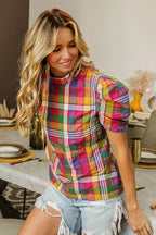 BiBi Short Puff Sleeve Vintage Plaid Top – Cute & Casual Style